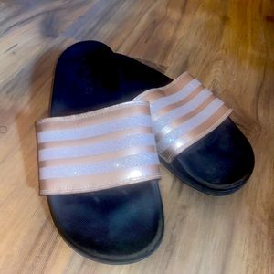 Rose gold adidas slides